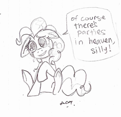 Size: 400x387 | Tagged: artist needed, safe, character:pinkie pie, species:earth pony, species:pony, crying, dialogue, female, floppy ears, grayscale, mare, monochrome, raised hoof, sad, simple background, sitting, smiling, solo, underhoof, white background