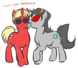 Size: 500x435 | Tagged: artist needed, safe, species:pony, species:unicorn, bicorn, colored tongue, dave strider, duo, female, homestuck, licking, male, mare, ponified, simple background, stallion, sunglasses, terezi pyrope, tongue out, white background