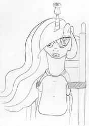Size: 556x788 | Tagged: artist needed, safe, character:princess celestia, /mlp/, 4chan, armbinder, bondage, cork, hannibal lecter, horn guard, magic suppression, monochrome, movie reference, muzzle, solo