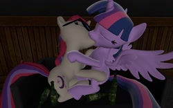 Size: 1280x800 | Tagged: artist needed, source needed, safe, character:moondancer, character:twilight sparkle, character:twilight sparkle (alicorn), species:alicorn, species:pony, ship:twidancer, 3d, 3d model, alcohol, drunk, drunk twilight, female, food, gmod, kissing, lesbian, mare, shipping