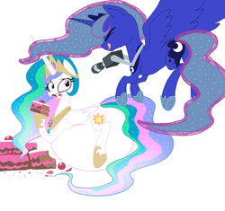 Size: 1239x1167 | Tagged: artist needed, safe, character:princess celestia, character:princess luna, belly, cake, cakelestia, camera, chubbylestia, fat, impossibly large belly, stuffed, stuffing