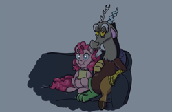 Size: 1175x767 | Tagged: artist needed, source needed, safe, character:discord, character:pinkie pie, ship:discopie, couch, female, food, male, popcorn, shipping, straight