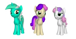 Size: 872x456 | Tagged: artist needed, safe, alternate version, character:bon bon, character:lyra heartstrings, character:sweetie belle, character:sweetie drops, species:earth pony, species:pony, species:unicorn, 3d, bon bon is not amused, female, filly, mare, simple background, smiling, source filmmaker, trio, white background