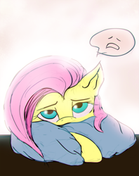 Size: 1391x1760 | Tagged: artist needed, source needed, safe, character:fluttershy, glow, lidded eyes, looking at you, portrait, sleepy, solo, tired