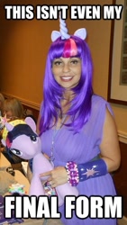 Size: 338x600 | Tagged: artist needed, safe, character:twilight sparkle, species:human, species:pony, canterlot gardens, cosplay, image macro, irl, irl human, meme, meta, photo, plushie, solo, tara strong, this isn't even my final form