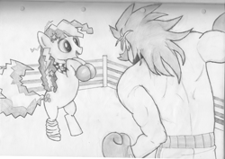 Size: 1123x794 | Tagged: artist needed, safe, character:cheerilee, species:human, species:pony, 80s, 80s cheerilee, artifact, bipedal, boxing gloves, boxing ring, braces, hilarious in hindsight, leg warmers, pencil drawing, this will end in tears and/or death, traditional art
