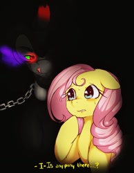 Size: 787x1014 | Tagged: artist needed, safe, character:fluttershy, character:king sombra, ship:sombrashy, anxiety, chains, dark, female, licking, licking lips, male, meeting, nervous, scared, shipping, straight, tongue out