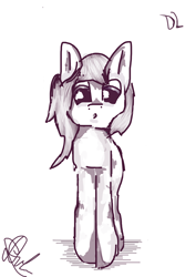 Size: 1000x1414 | Tagged: artist needed, safe, species:earth pony, species:pony, front view, looking down, monochrome, open mouth, signature, simple background, solo, white background