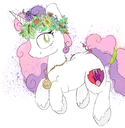 Size: 1602x1644 | Tagged: artist needed, source needed, safe, character:sweetie belle, species:pony, species:unicorn, cloven hooves, female, floral head wreath, flower, hippie, jewelry, looking at you, necklace, paint splatter, simple background, solo, white background