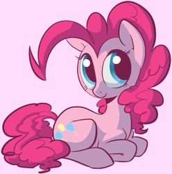 Size: 811x816 | Tagged: artist needed, source needed, safe, character:pinkie pie, species:earth pony, species:pony, cute, diapinkes, female, mare, pink background, ponyloaf, prone, simple background, solo