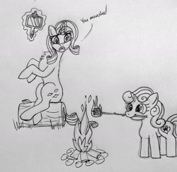 Size: 1802x1760 | Tagged: artist needed, safe, character:rarity, character:sweetie belle, campfire, cannibalism, fire, food, glowing horn, magic, marshmallow, mirror, monochrome, rarity is a marshmallow, roasting, sweetie belle is a marshmallow too, telekinesis, traditional art