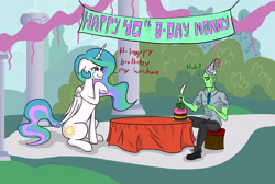 Size: 3221x2160 | Tagged: artist needed, safe, artist:anonymous, character:princess celestia, oc, oc:anon, species:alicorn, species:human, species:pony, 4chan, birthday, birthday cake, cake, clothing, crying, duo, feels, female, floppy ears, food, hat, immortality blues, knife, male, momlestia, party hat, sad, table