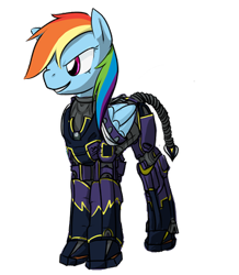 Size: 300x344 | Tagged: artist needed, safe, character:rainbow dash, species:pegasus, species:pony, fallout equestria, armor, clothing, costume, enclave armor, fanfic, fanfic art, female, halo (series), halo 4, hooves, mare, ministry mares, ministry of awesome, power armor, scorpion tail, shadowbolt armor, shadowbolt dash, shadowbolts, shadowbolts costume, simple background, smiling, solo, teeth, transparent background, wings