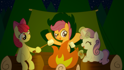 Size: 1920x1080 | Tagged: artist needed, safe, character:apple bloom, character:scootaloo, character:sweetie belle, species:pegasus, species:pony, /pone/, 8chan, campfire, cutie mark crusaders, food, marshmallow, tent