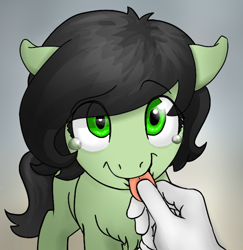 Size: 594x612 | Tagged: artist needed, safe, oc, oc only, oc:anon, oc:filly anon, species:earth pony, species:pony, anonpony, blep, c:, crying, cute, eye clipping through hair, female, filly, floppy ears, fluffy, gradient background, hand, happy, looking at you, open mouth, raised eyebrow, smiling, tears of joy, tears of pain, tongue holding, tongue out