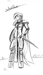 Size: 750x1300 | Tagged: artist needed, safe, oc, oc only, oc:justice, satyr, fantasy class, knight, monochrome, offspring, solo, warrior