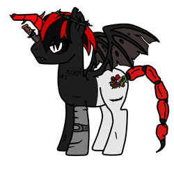 Size: 900x880 | Tagged: artist needed, source needed, safe, oc, oc only, species:alicorn, species:bat pony, species:pony, barbed wire, bat pony alicorn, blood, crown of thorns, donut steel, edgy, knife, ow the edge, red and black oc, scared, scorpion tail, solo