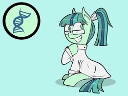Size: 960x720 | Tagged: artist needed, safe, oc, oc only, oc:deoxy, species:earth pony, species:pony, blood, clothing, cutie mark, double helix, glasses, lab coat, mad scientist, solo