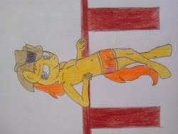 Size: 640x480 | Tagged: artist needed, safe, character:braeburn, species:anthro, species:unguligrade anthro, bare chest, bedroom eyes, belly button, bipedal, bipedal leaning, clothing, male, sideways image, smiling, solo, stupid sexy braeburn, topless, traditional art, underhoof