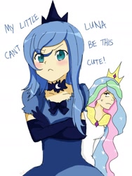 Size: 1341x1788 | Tagged: artist needed, safe, character:princess celestia, character:princess luna, humanized, my little sister can't be this cute, s1 luna, simple background, text