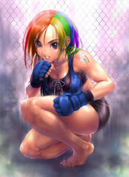 Size: 945x1288 | Tagged: artist needed, source needed, safe, edit, character:rainbow dash, species:human, breasts, busty rainbow dash, cleavage, clothing, female, gloves, humanized, recolor, solo