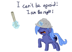 Size: 550x400 | Tagged: artist needed, safe, derpibooru original, character:princess luna, animated, chest fluff, colander, crying, filly, helmet, i am the night, scared, solo, text, woona