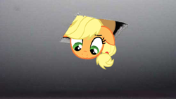Size: 550x307 | Tagged: artist needed, safe, character:applejack, species:earth pony, species:pony, ceiling pony, female, floppy ears, mare, solo