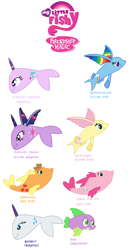 Size: 1432x2588 | Tagged: artist needed, source needed, safe, character:applejack, character:fluttershy, character:pinkie pie, character:rainbow dash, character:rarity, character:spike, character:starlight glimmer, character:twilight sparkle, fish, fishified, flutterfish, flying fish, mane seven, mane six, my little x, narwhal, pike, pun, rainbow trout, rarifish, species swap, splash, wat