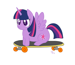 Size: 1500x1300 | Tagged: safe, artist:therainbowtroll, character:twilight sparkle, character:twilight sparkle (alicorn), species:alicorn, species:pony, g4, colored pupils, cute, female, mare, signature, simple background, skateboard, solo, sparkly eyes, spread wings, twiabetes, white background, wings