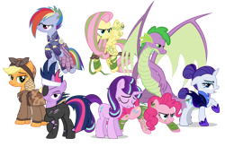 Size: 2804x1836 | Tagged: artist needed, safe, artist:cheezedoodle96, artist:luckreza8, artist:qtmarx, artist:xebck, artist:zutheskunk edits, character:applejack, character:fluttershy, character:pinkie pie, character:rainbow dash, character:rarity, character:spike, character:starlight glimmer, character:twilight sparkle, character:twilight sparkle (unicorn), species:dragon, species:earth pony, species:pegasus, species:pony, species:unicorn, adult spike, alternate hairstyle, alternate timeline, amputee, apocalypse dash, applecalypsejack, artificial wings, augmented, bad future, chrysalis resistance timeline, clothing, crystal war timeline, ear piercing, earring, eye scar, eyepatch, fanfic in the description, female, future twilight, hair bun, hairnet, jewelry, male, mare, mechanical wing, night maid rarity, nightmare takeover timeline, older, older spike, piercing, prosthetic limb, prosthetic wing, prosthetics, sad, scar, simple background, tail bun, torn ear, transparent background, tribal pie, tribalshy, uniform, vector, weapon, wing piercing, winged spike, wings