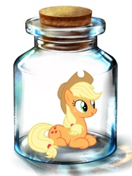 Size: 600x800 | Tagged: artist needed, safe, character:applejack, species:earth pony, species:pony, bottle, female, mare, pony in a bottle, prone, solo