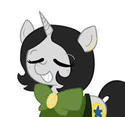 Size: 1501x1407 | Tagged: artist needed, safe, artist:ficficponyfic, edit, oc, oc only, oc:joyride, species:pony, species:unicorn, adult, bow tie, clothing, color, colt quest, cutie mark, ear piercing, eyes closed, female, grin, horn, mantle, mare, piercing, simple background, smiling, solo, teeth, transparent background, vector, vector edit
