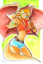 Size: 1491x2204 | Tagged: artist needed, safe, character:applejack, species:anthro, species:gargoyle, armpits, belly button, clothing, crossover, daisy dukes, female, front knot midriff, gargoyles, grin, midriff, one eye closed, shorts, smiling, solo, species swap, traditional art, wink