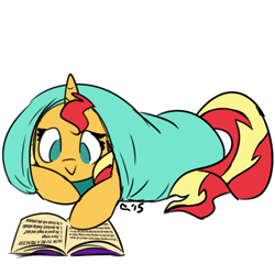 Size: 960x960 | Tagged: artist needed, safe, character:sunset shimmer, species:pony, species:unicorn, episode:life is a runway, g4, my little pony:equestria girls, :>, blanket, blanket burrito, book, cute, female, how to be a princess, mare, no pupils, shimmerbetes, simple background, solo, white background
