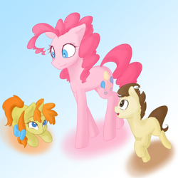 Size: 2000x2000 | Tagged: artist needed, safe, character:pinkie pie, character:pound cake, character:pumpkin cake, older, raised hoof, simple background, sitting, walking