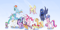 Size: 2000x1000 | Tagged: artist needed, safe, character:apple bloom, character:applejack, character:fluttershy, character:pinkie pie, character:princess celestia, character:princess luna, character:rainbow dash, character:rarity, character:scootaloo, character:spike, character:sweetie belle, character:twilight sparkle, species:pegasus, species:pony, cutie mark crusaders, eating, flying, gradient background, mane six, party horn, running, walking