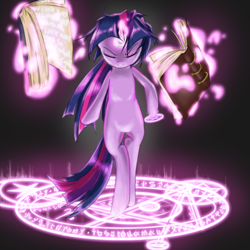 Size: 1000x1000 | Tagged: artist needed, safe, character:twilight sparkle, species:pony, bipedal, book, eyes closed, magic, magic circle, solo