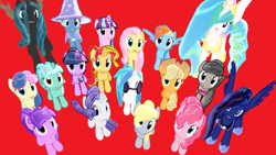 Size: 1366x768 | Tagged: artist needed, safe, character:amethyst star, character:applejack, character:bon bon, character:derpy hooves, character:dj pon-3, character:fluttershy, character:lyra heartstrings, character:octavia melody, character:pinkie pie, character:princess celestia, character:princess luna, character:queen chrysalis, character:rainbow dash, character:rarity, character:sparkler, character:starlight glimmer, character:sunset shimmer, character:sweetie drops, character:trixie, character:twilight sparkle, character:vinyl scratch, species:alicorn, species:changeling, species:earth pony, species:pegasus, species:pony, species:unicorn, 3d, adorabon, changeling queen, cute, cutealis, female, looking at you, lyrabetes, mane six, mare, mmd, red background, simple background, tavibetes, vinylbetes, youtube link