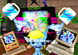 Size: 897x638 | Tagged: artist needed, safe, character:derpy hooves, character:princess luna, character:trixie, character:twilight sparkle, character:twilight sparkle (alicorn), species:alicorn, species:pony, aesthetics, computer, error, figure, glitch, glitch art, i just don't know what went wrong, irl, mug, photo, television, toy, vaporwave, water, xbox
