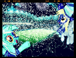 Size: 792x601 | Tagged: artist needed, safe, character:derpy hooves, character:lyra heartstrings, species:pegasus, species:pony, celebration, cheering, clothing, confetti, face paint, fans, female, fireworks, instagram, mare, night, scarf, sports, stadium