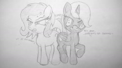 Size: 1314x741 | Tagged: artist needed, safe, oc, oc only, oc:anon, oc:filly anon, oc:nyx, species:alicorn, species:earth pony, species:pony, alicorn oc, angry, bump, butt to butt, butts, cutie mark, female, filly, pencil drawing, personal space invasion, smug, traditional art