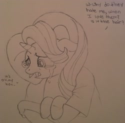 Size: 2923x2874 | Tagged: artist needed, safe, character:starlight glimmer, oc, oc:anon, species:human, species:pony, species:unicorn, /mlp/, comforting, crying, duo, female, hug, mare, monochrome, sad, sadlight glimmer, traditional art