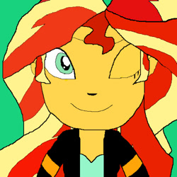 Size: 500x500 | Tagged: artist needed, safe, character:sunset shimmer, species:human, my little pony:equestria girls, female, looking at you, one eye closed, photoshop, solo, sunset shimmer day, wink