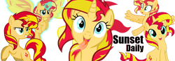 Size: 1000x350 | Tagged: artist needed, safe, character:sunset shimmer, species:alicorn, species:pony, equestria daily, alicornified, cute, multeity, race swap, shimmerbetes, shimmercorn, shimmerstorm, sunset shimmer day, this will end in fire, tongue out