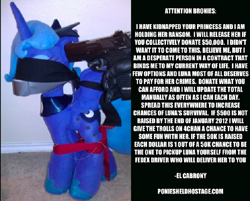 Size: 746x600 | Tagged: artist needed, safe, character:princess luna, abuse, ballgag, blindfold, bound, gag, gun, hostage, irl, lunabuse, op is a duck, op is trying to start shit, photo, plushie, text