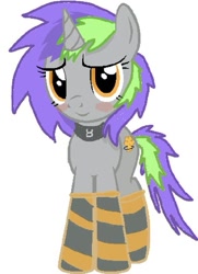Size: 531x733 | Tagged: artist needed, safe, oc, oc only, oc:frenzy nuke, species:pony, species:unicorn, blushing, clothing, cloths, collar, looking at you, socks, solo, standing, striped socks