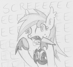 Size: 1003x921 | Tagged: artist needed, safe, oc, oc only, oc:vannie, species:bat pony, species:pony, armor, black and white, derp, eeee, fangs, female, grayscale, mare, monochrome, night guard, open mouth, screaming, skree, solo, tongue out, wide eyes