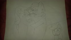 Size: 5312x2988 | Tagged: artist needed, safe, character:applejack, character:big mcintosh, character:starlight glimmer, species:earth pony, species:pony, ship:glimmermac, caught, kiss mark, kisses, male, monochrome, stallion, starmac glimmer, traditional art
