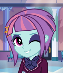 Size: 1412x1620 | Tagged: artist needed, safe, character:sunny flare, equestria girls:friendship games, g4, my little pony:equestria girls, adoraflare, clothing, crystal prep academy, crystal prep academy uniform, cute, eyeshadow, female, makeup, one eye closed, school uniform, solo, wink