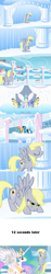 Size: 497x2640 | Tagged: artist needed, source needed, safe, character:derpy hooves, character:misty fly, character:princess celestia, character:soarin', character:spitfire, species:pegasus, species:pony, g4, my little pony: friendship is magic, comic, cracks, female, fourth wall, fourth wall destruction, mare, royal guard, sonic rainboom, wonderbolts